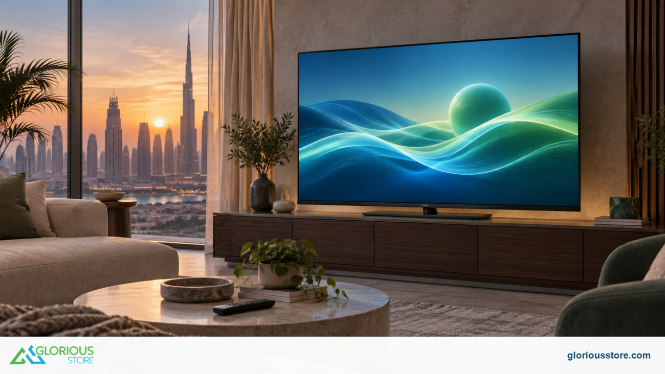Energy-conscious smart TV setup in a modern Dubai living room