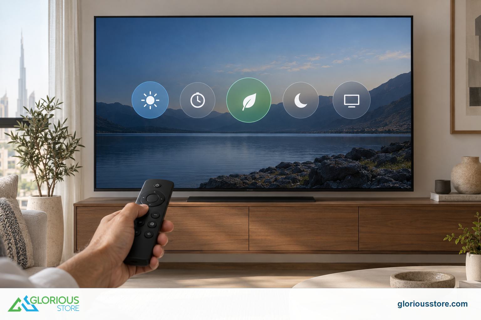Smart TV Energy Saving Settings UAE: 2026 Practical Guide Remote aimed at a smart TV showing brightness, timer, sleep and energy icons