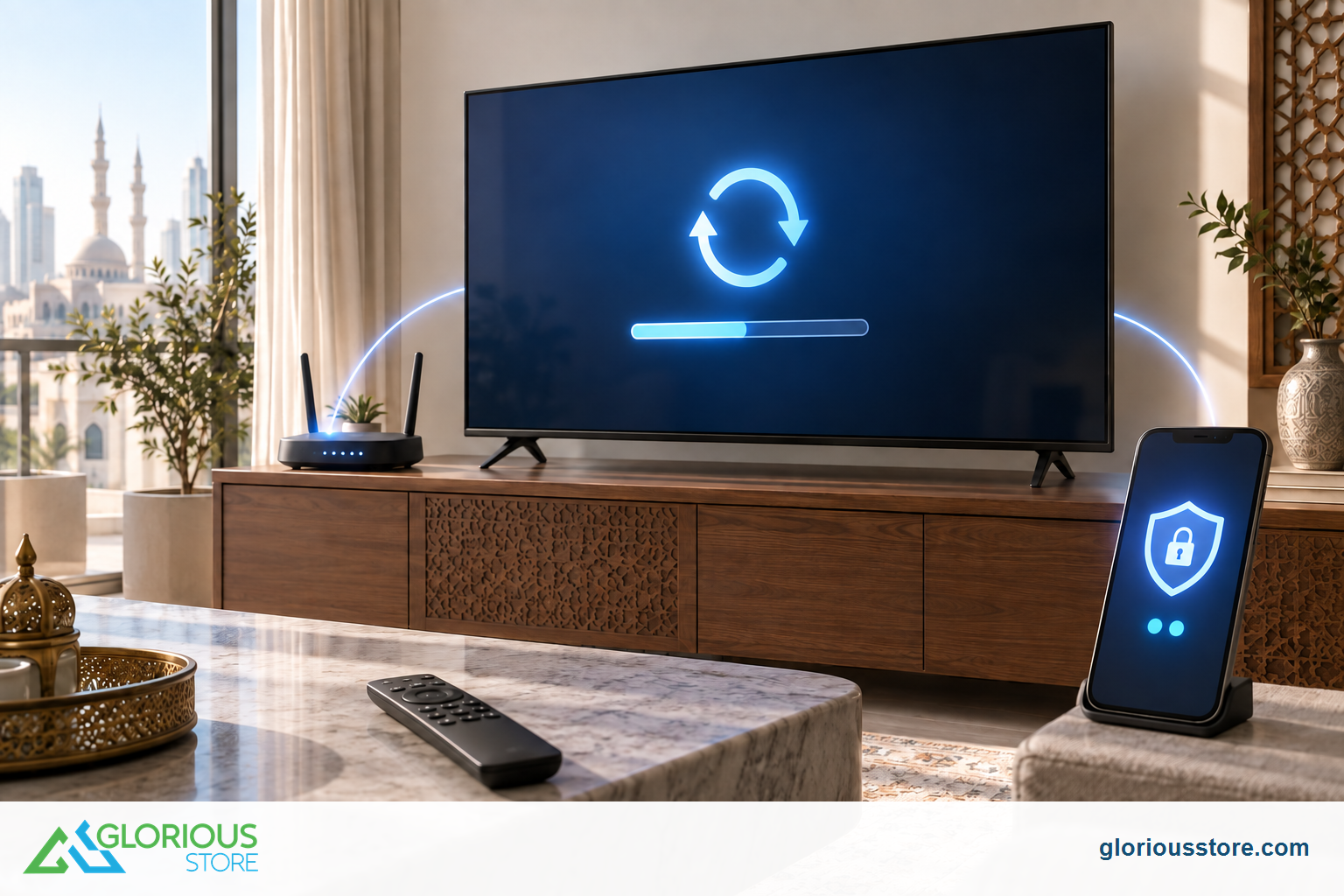 Google TV Privacy Settings UAE: 2026 Setup Guide A generic television, router and phone illustrate a software update and protected connected-home setup.
