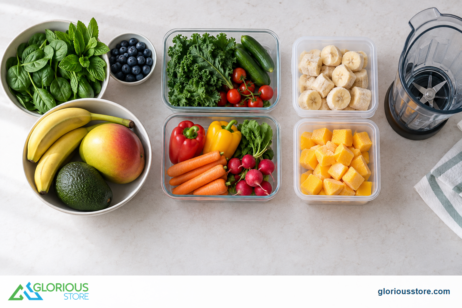 Three groups of safe produce are organized for immediate blending, refrigeration and freezing