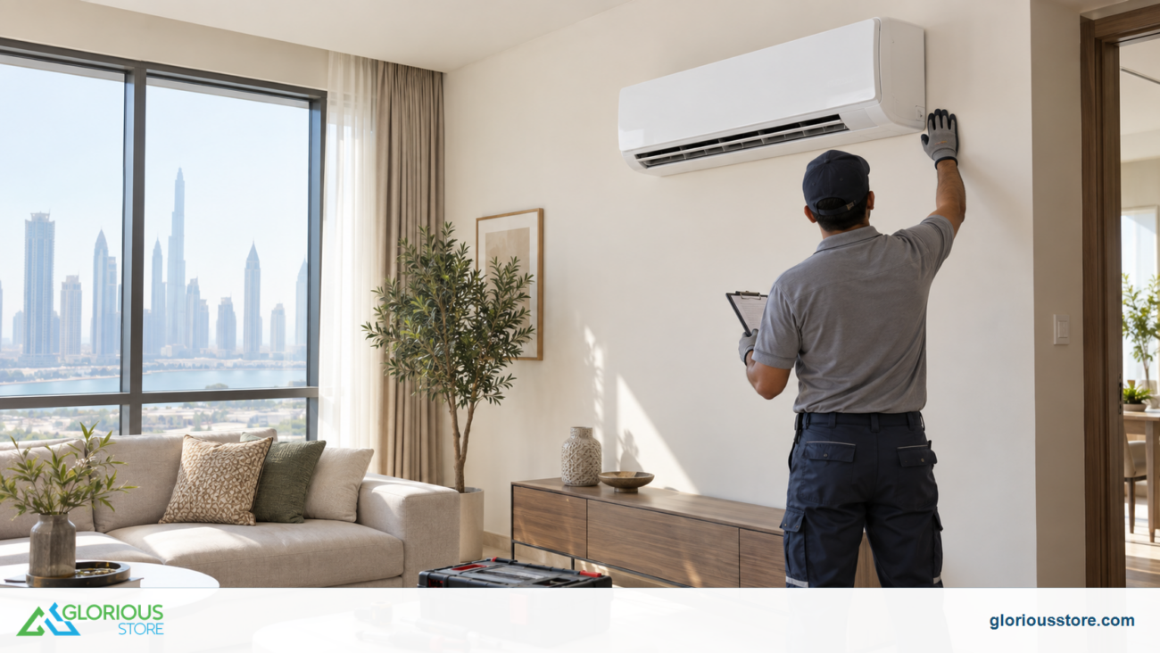 Split AC installation checklist for UAE apartments with Glorious Store branding