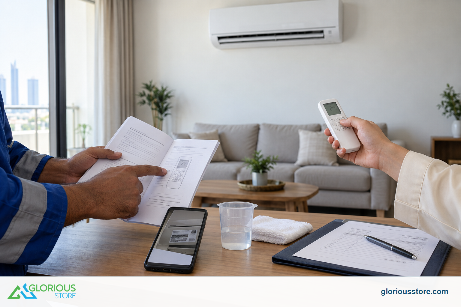 Split AC Installation Checklist UAE: 2026 Apartment Guide Technician and homeowner checking a split AC remote manual serial record and drainage test during handover