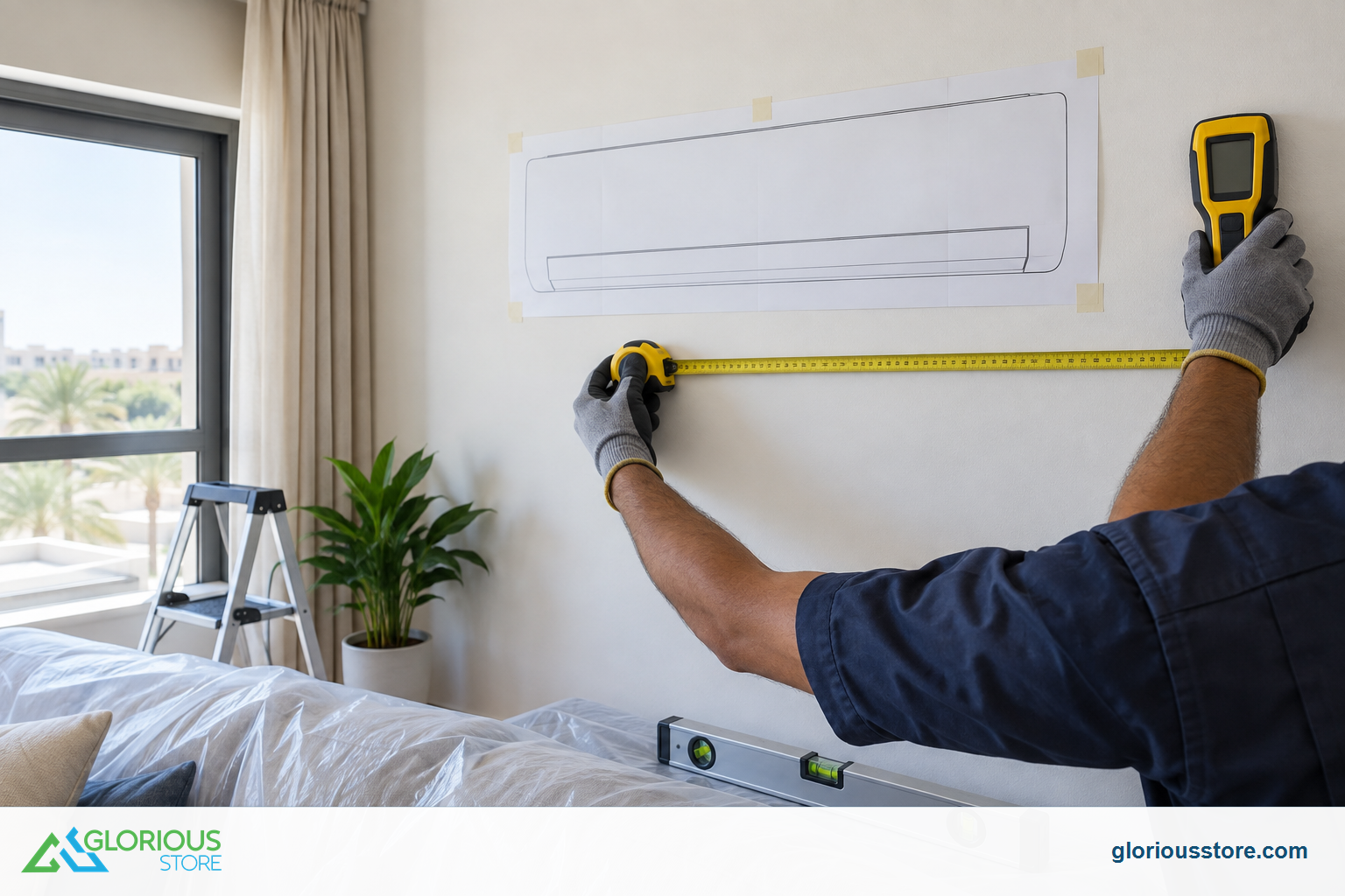 Split AC Installation Checklist UAE: 2026 Apartment Guide HVAC technician measuring a proposed split AC position in a UAE apartment before drilling