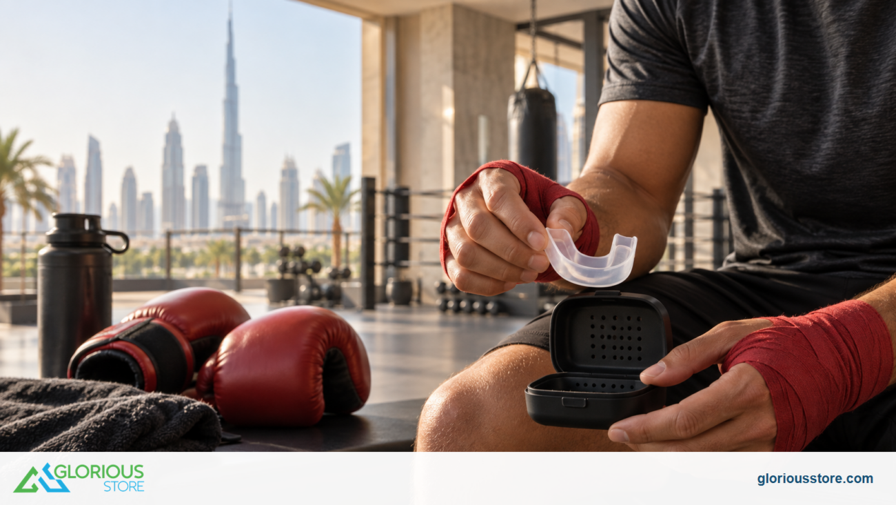 Athlete holding a sports mouthguard beside a ventilated case in a Dubai boxing gym