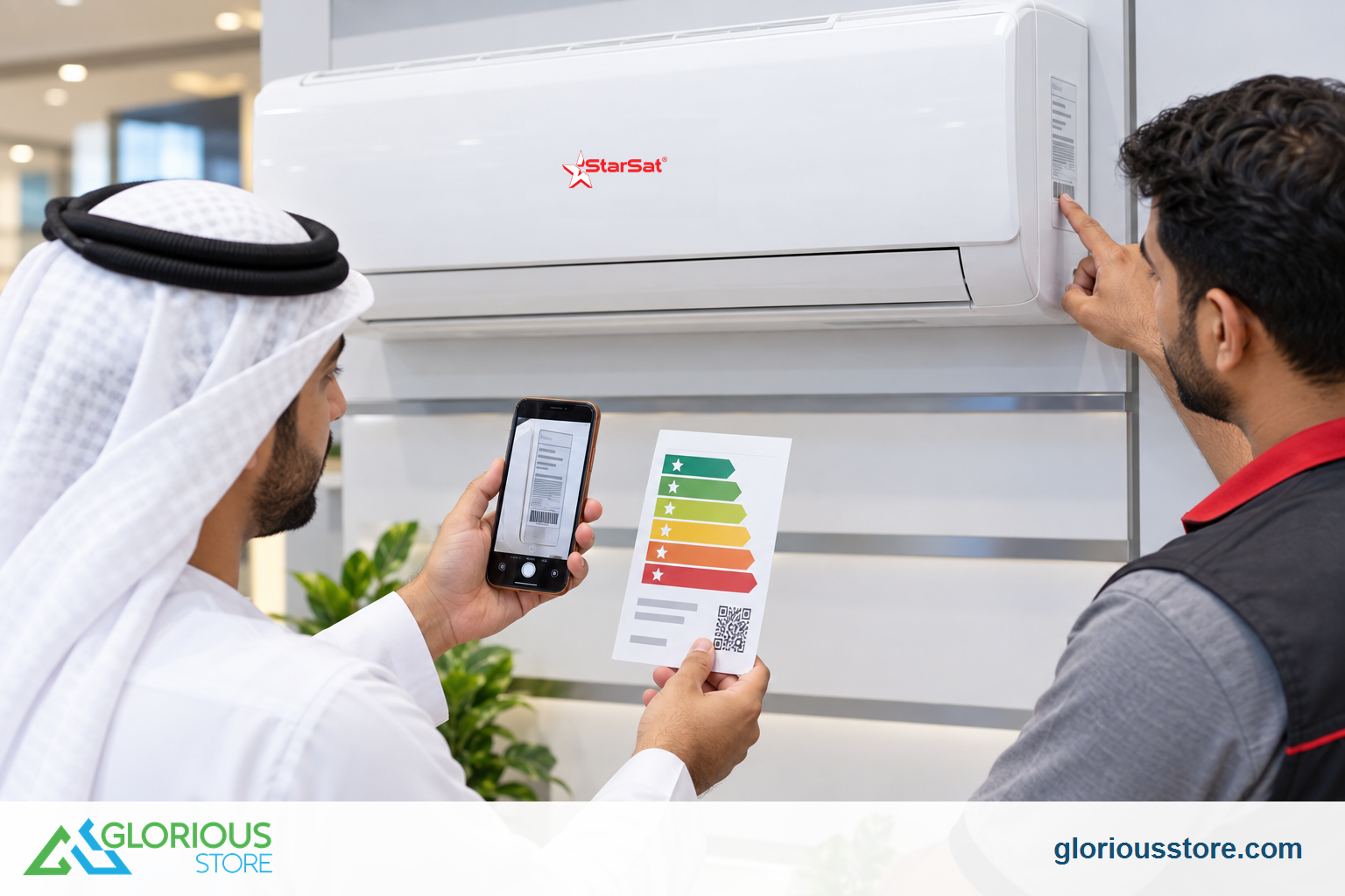 Shopper and technician checking the StarSat AC model plate and energy label