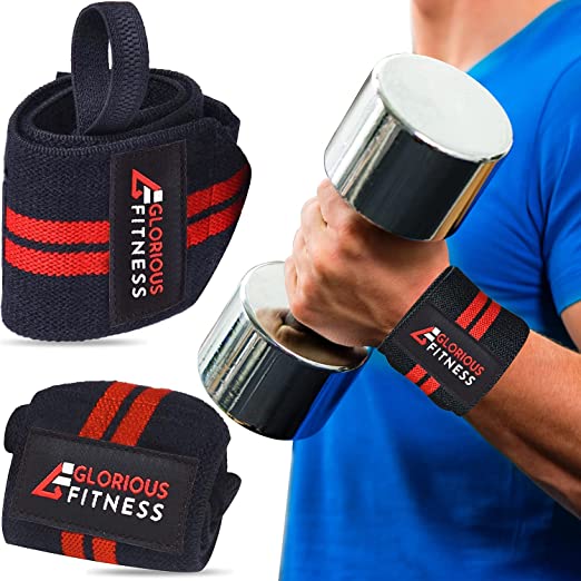 Black and red Glorious Fitness wrist wraps with weightlifting support in use