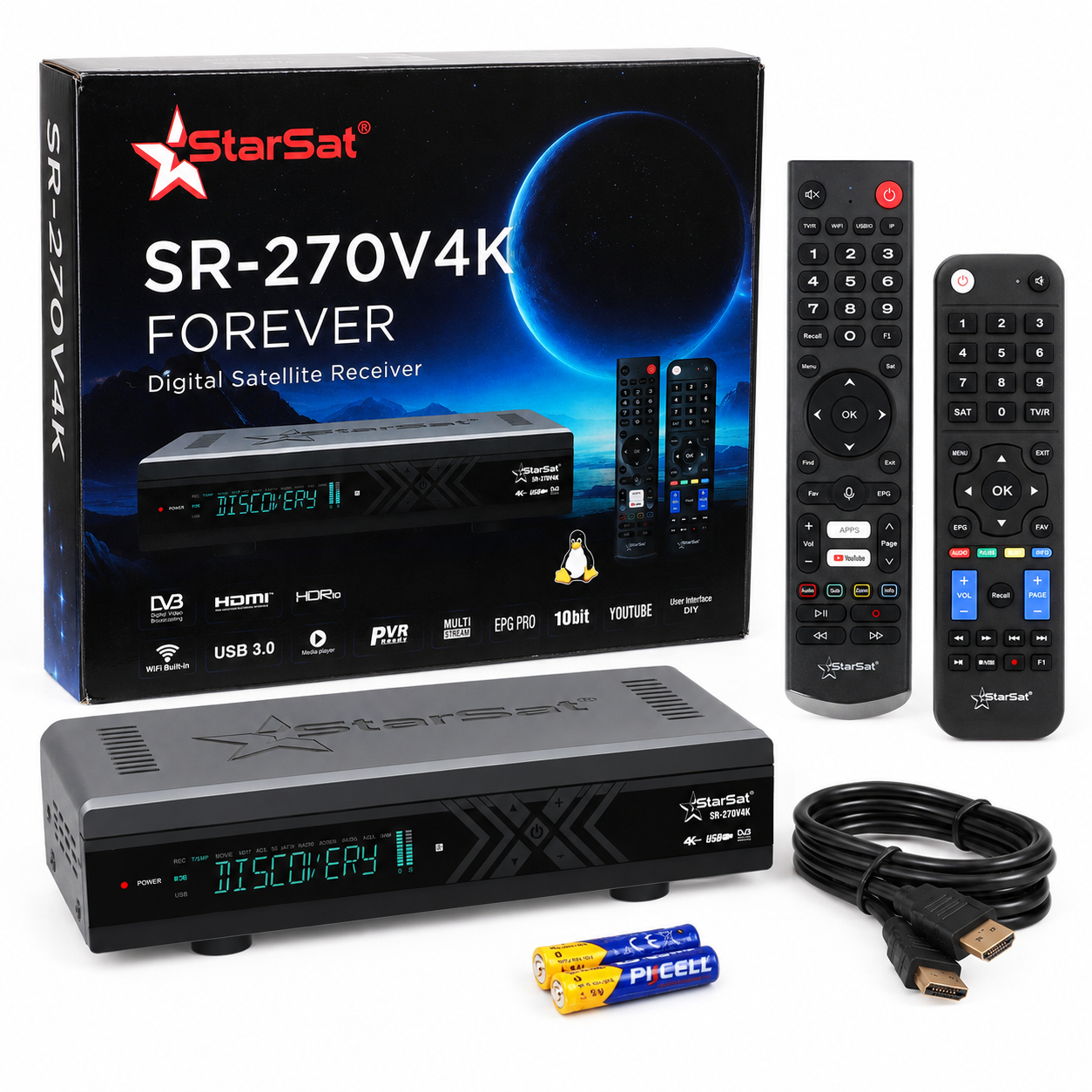 StarSat SR-270V4K satellite receiver with retail box, two remotes and accessories