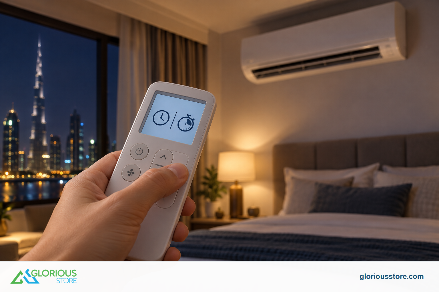 A generic AC remote showing timer symbols in a UAE bedroom