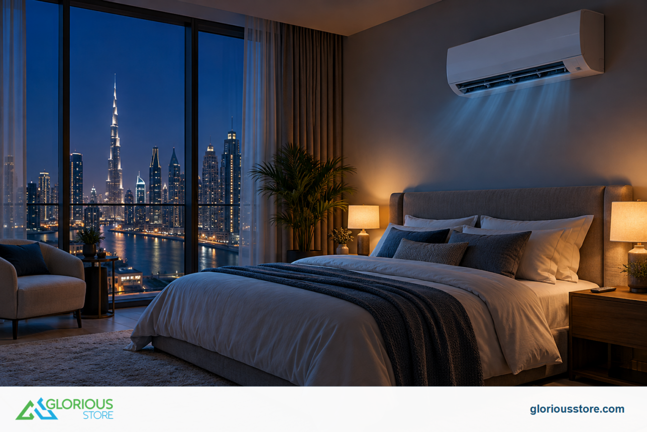 Modern UAE bedroom with a wall-mounted split AC set for overnight comfort