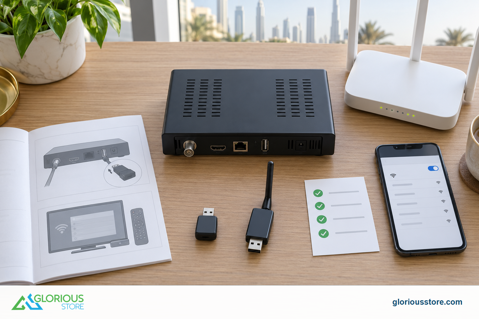 A receiver compatibility checklist beside two generic USB WiFi adapters