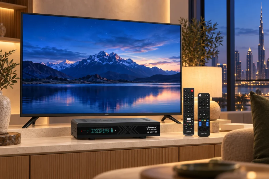 StarSat Smart TV, SR-270V4K receiver and remotes in a warm evening home entertainment setup