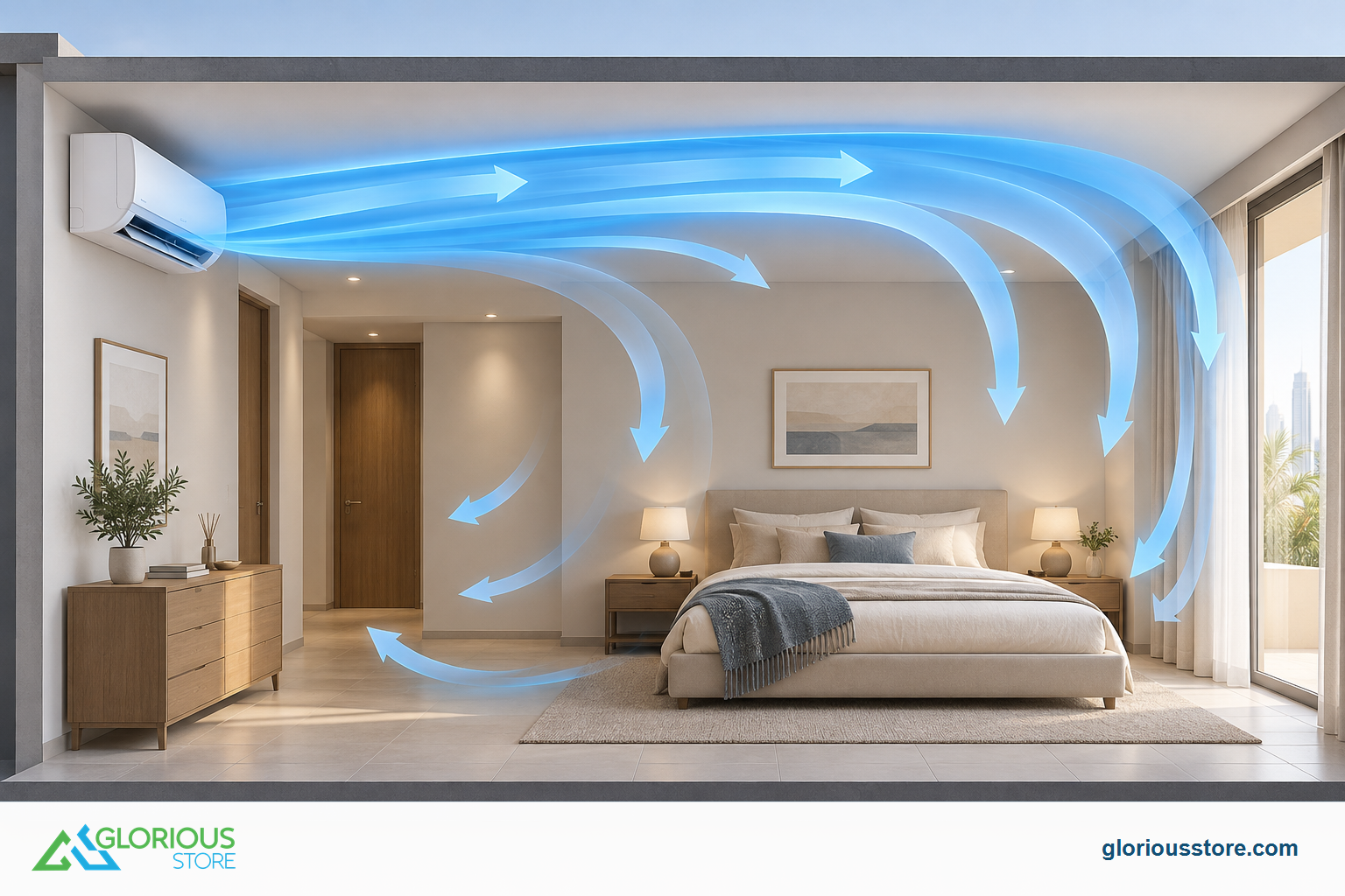 Cooling airflow projected across the upper room before descending and mixing