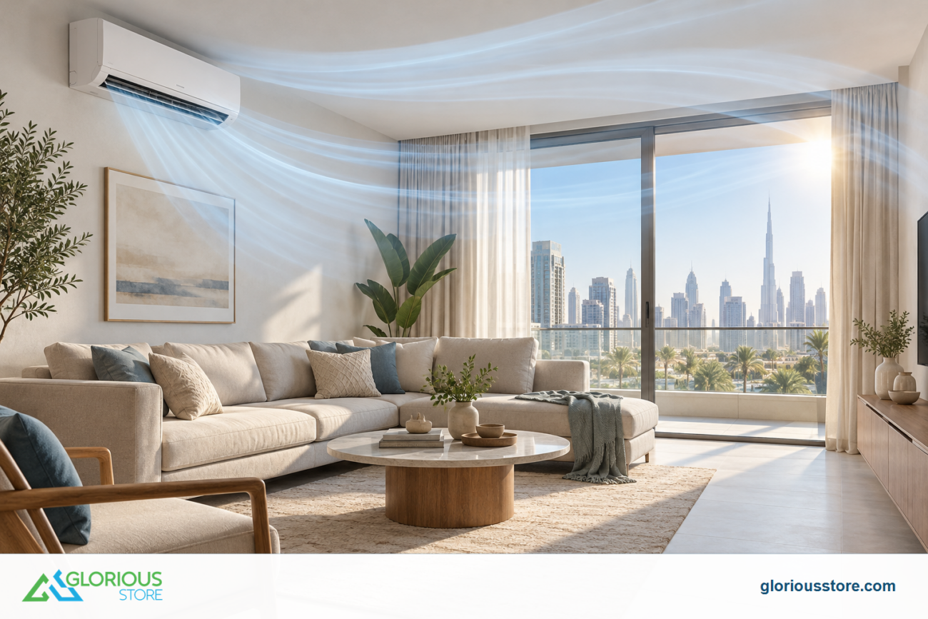 Wall-mounted split AC distributing cool air across a modern UAE living room