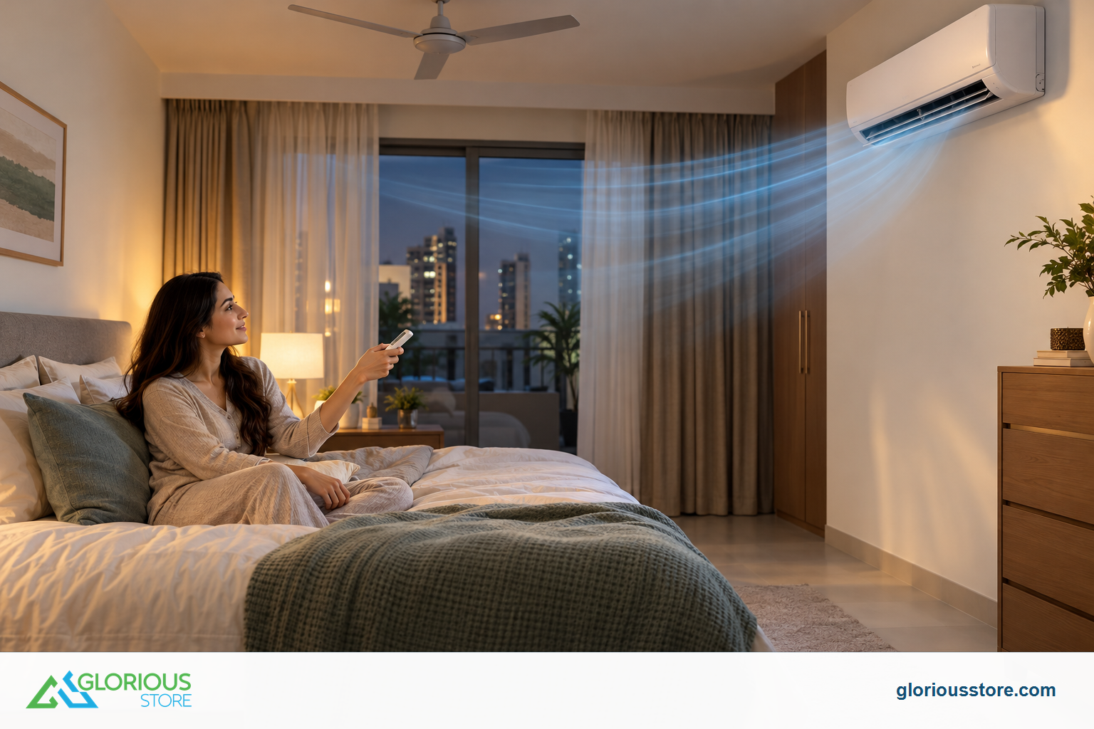 A resident adjusting a bedroom split AC so the air travels across the room