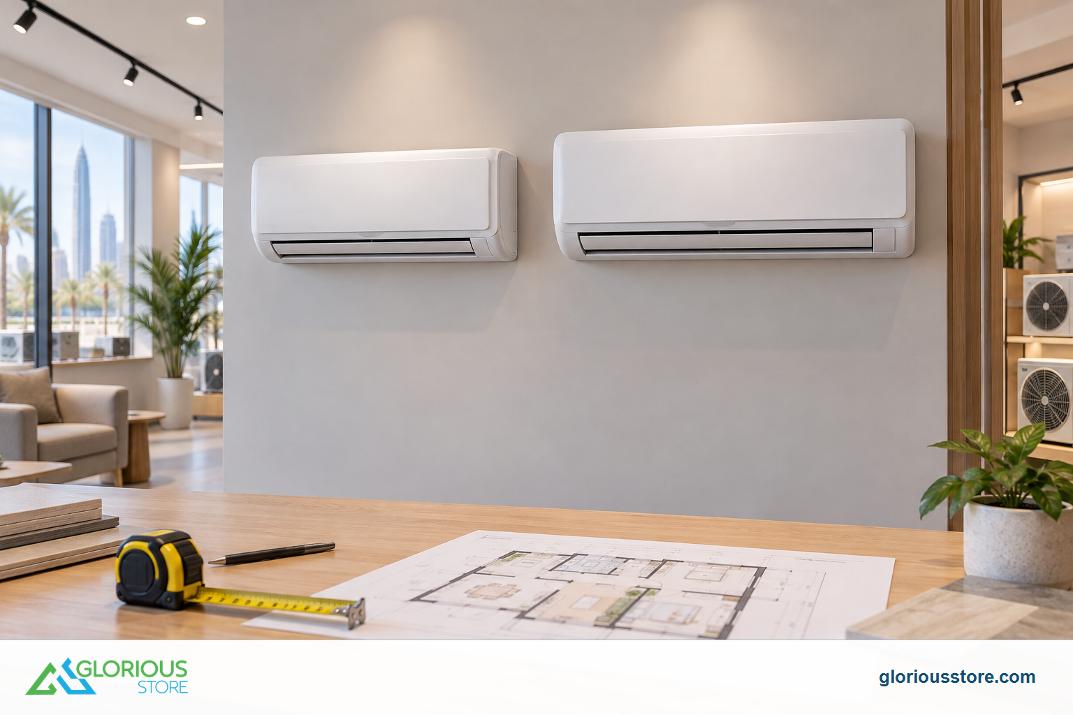 Two split AC units with a floor plan and tape measure