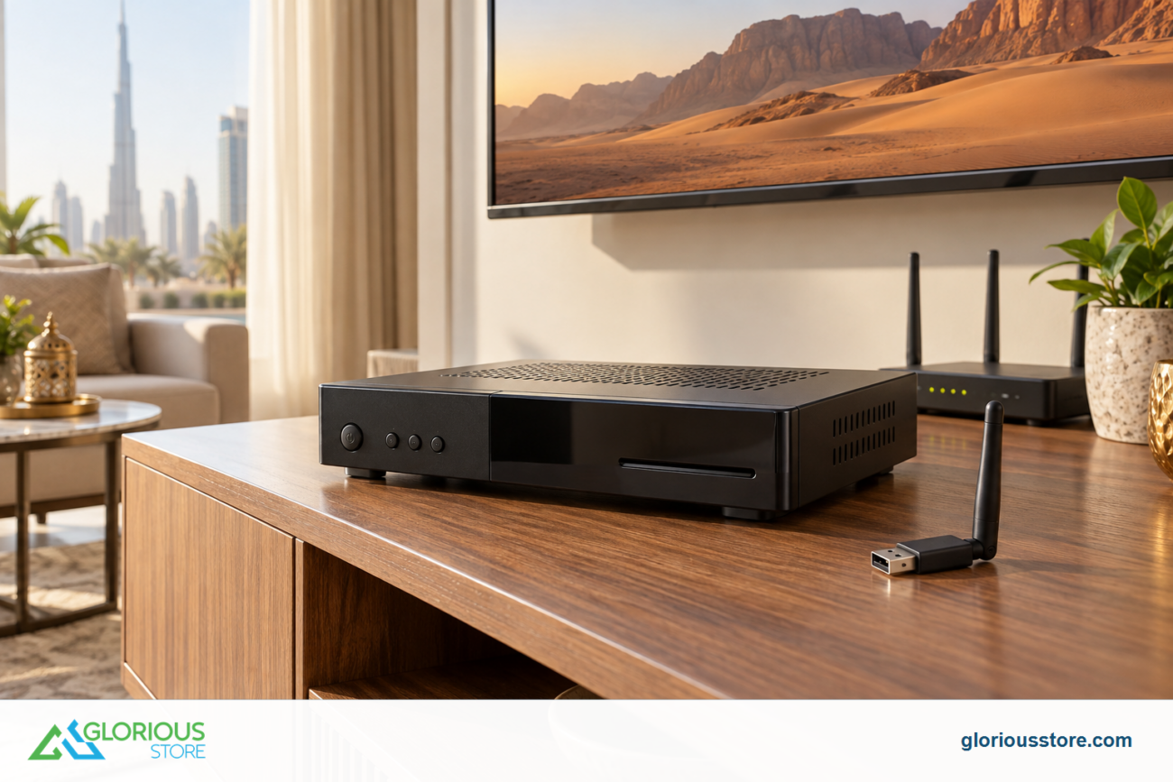 StarSat receiver with a USB WiFi adapter and router in a UAE living room